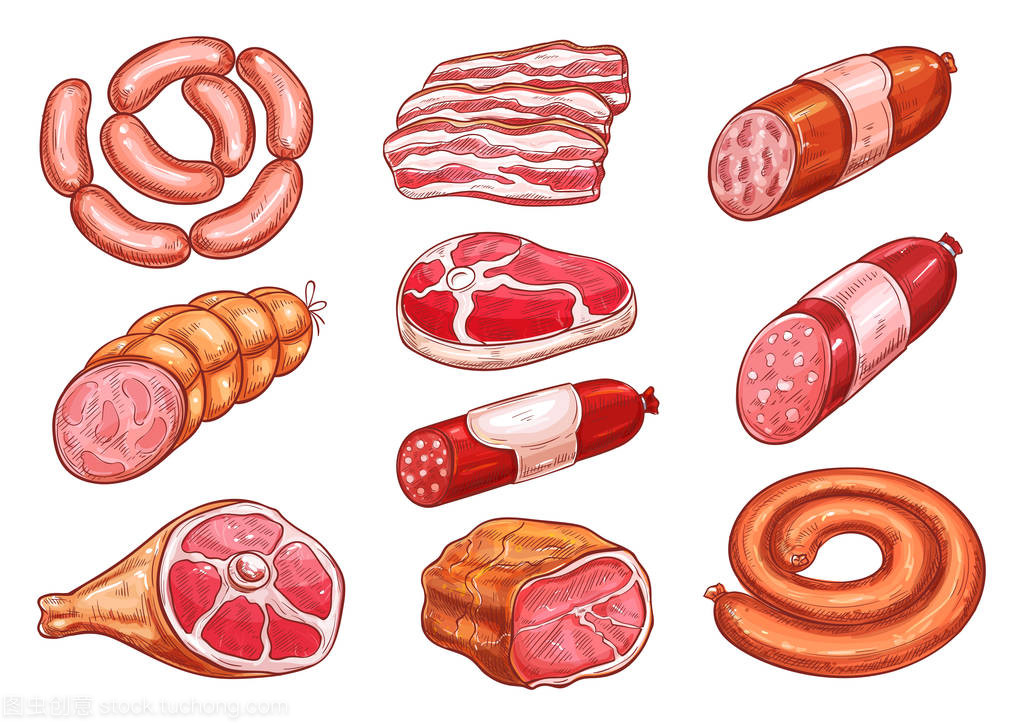 香腸和肉素描集食品設(shè)計(jì)